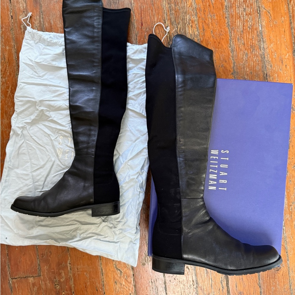 2010s Stuart Weitzman 50/50 over the knee Black Leather stretch Tall flat Boots